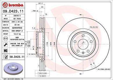 Передние тормозные диски BREMBO 09.D423.11  Volkswagen Touareg III (2018-2023)