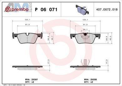Керамические задние колодки (P06071X) Brembo на BMW 3 Серии 2012-2015 318dX