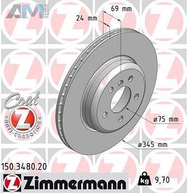 Задние тормозные диски 345X24 (150.3480.20) ZIMMERMANN на BMW 5 серии (F10) 535d/dX