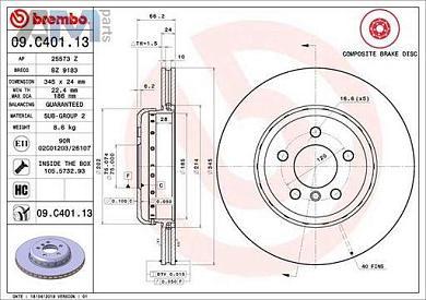 Задние тормозные диски 345X24 (09.C401.13) Brembo на BMW 3 Серии 2012-2015 M (325-340)