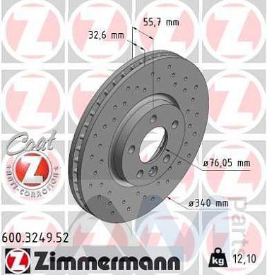 Диск тормозной передний R17 (ZIMMERMANN) 600.3249.52 для  Volkswagen Multivan T6 (2019-2023)