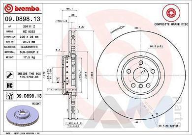 Передний правый тормозной диск Brembo (09.D898.13) для BMW X4 (G02) M40dX