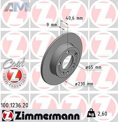 Задние тормозные диски ZIMMERMANN 100.1236.20 для Audi A1 (8X) 2011-2018