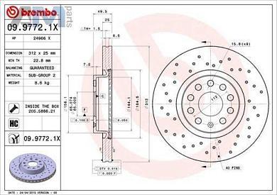 Передние перфорированные тормозные диски BREMBO 09.9772.1X на Audi A3 (8P) 2003-2012