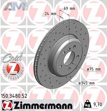 Перфорированные задние тормозные диски 345X24 (150.3480.52) ZIMMERMANN на BMW 5 серии (F10) 530d/535i/535iX