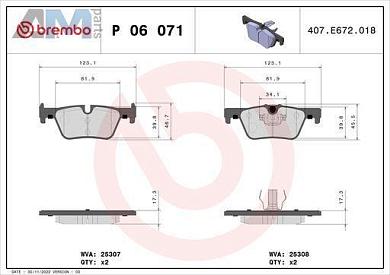 Керамические задние колодки (P06071X) Brembo для BMW 3 Серии 2012-2015 316d/316i/318d