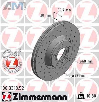Передние перфорированные тормозные диски ZIMMERMANN 100.3318.52 для Audi A8 (D3) 2002-2010