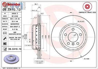 Передние тормозные диски 330X24 (09.C410.13) Brembo на BMW 5 серии (F10) 520d/520i/523i