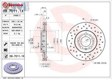 Передние перфорированные тормозные диски BREMBO 09.7011.1X для Audi A1 (8X) 2011-2018