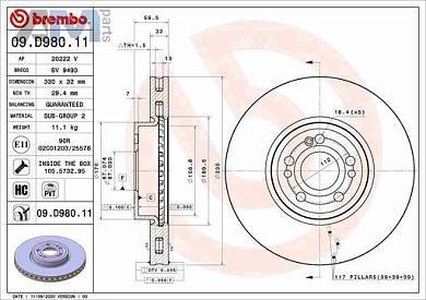 Передние тормозные диски (09.D980.11) BREMBO на Mercedes GLE V167 300d